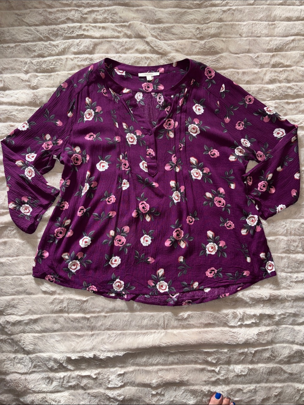 fun 2 fun Plum Floral Split-Neck Blouse